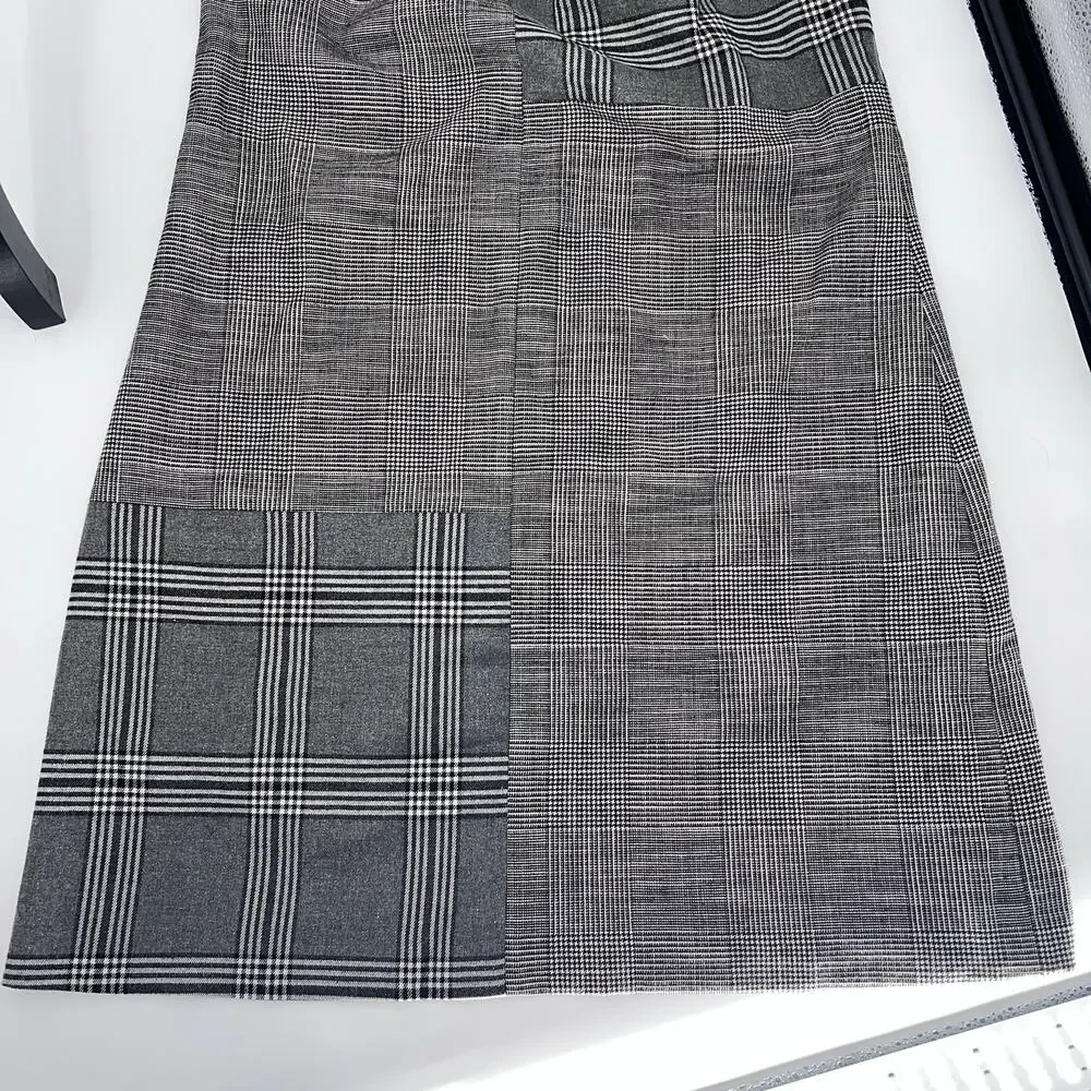 Alice + Olivia Coley Plaid Patchwork Mini Shift Dress Grey Wool Blend Size 12
